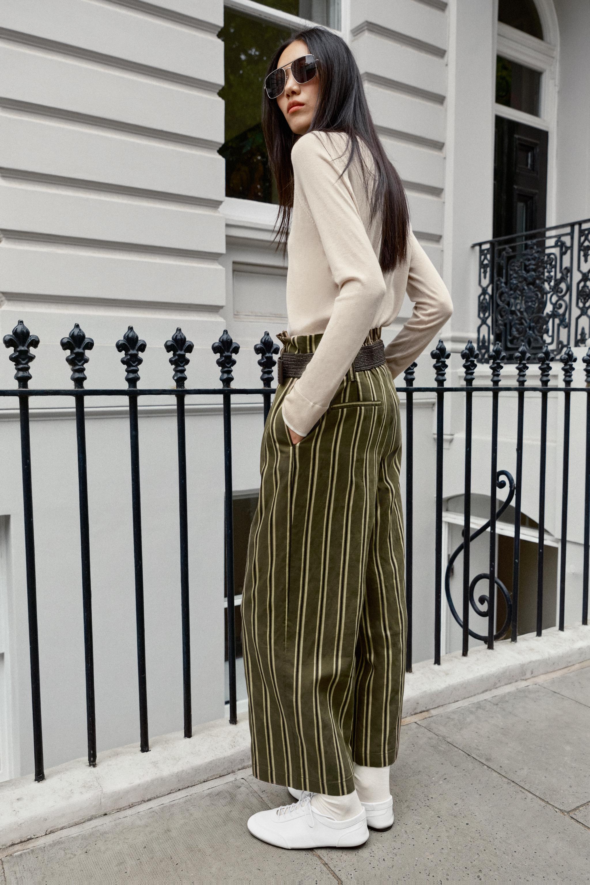 STRIPED BELTED TROUSERS